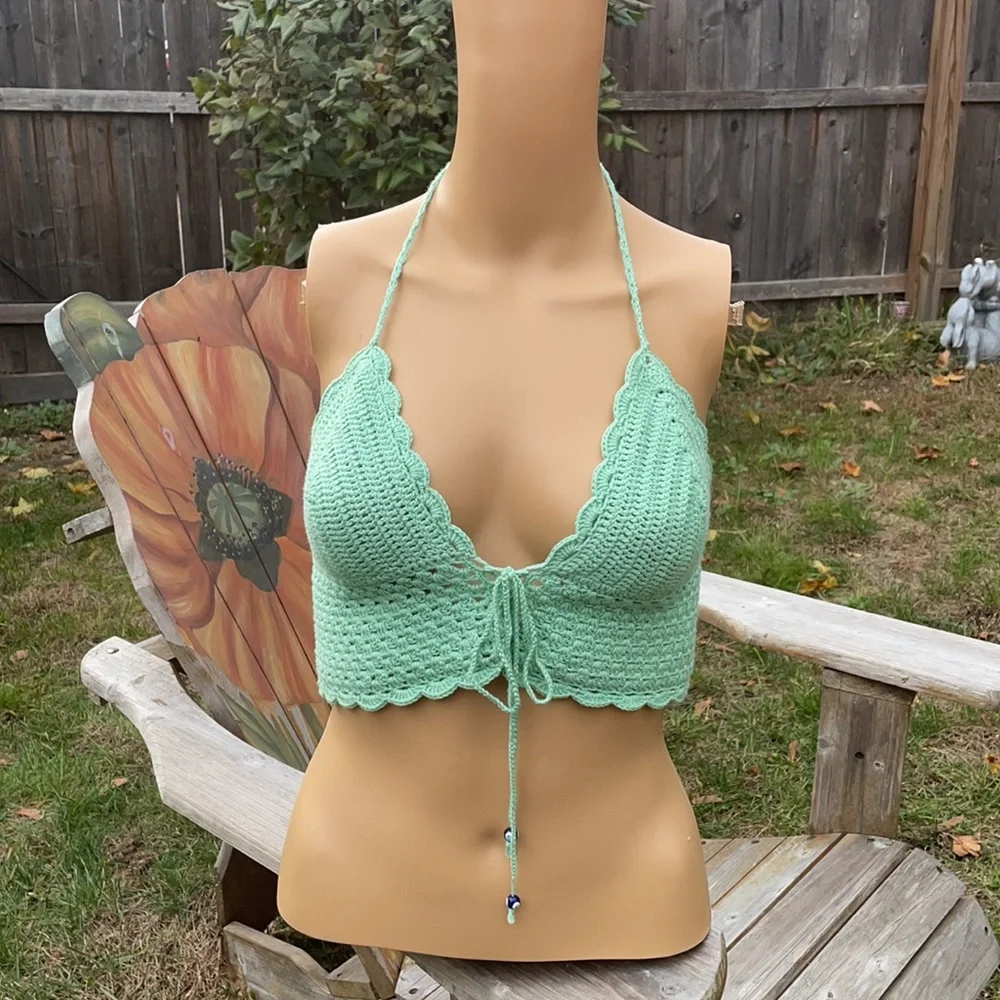 Handmade Crochet Green Bikini Top 100% Cotton M/L
